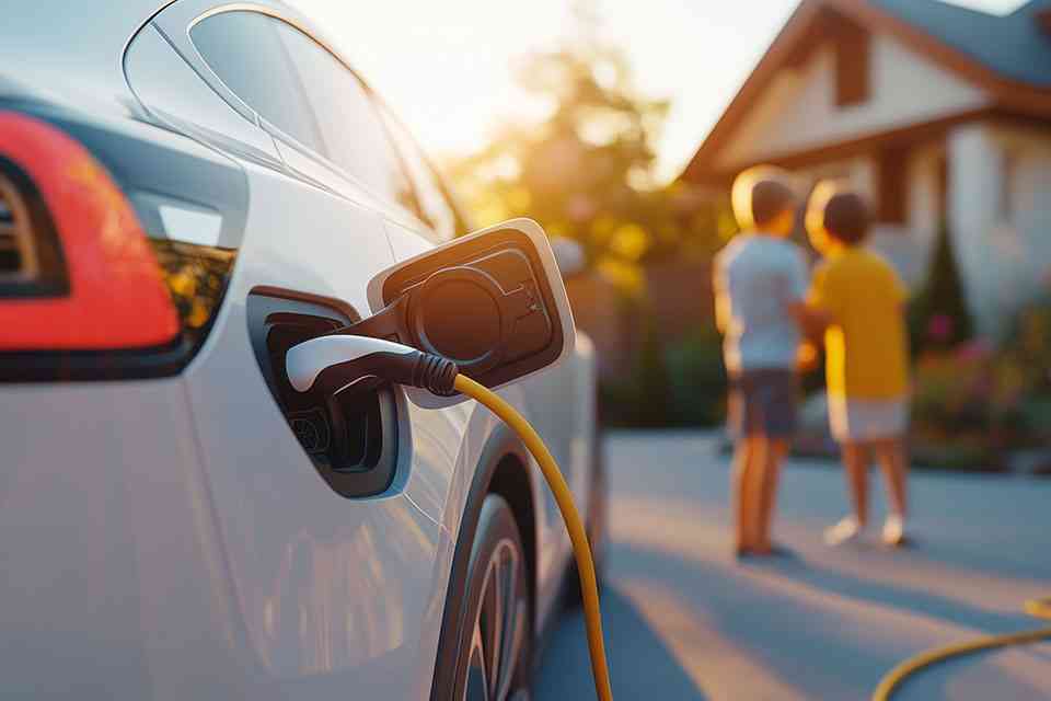 E-Auto wird aufgeladen im Hintergrund zwei Kinder - © Wild Dream - stock.adobe.com